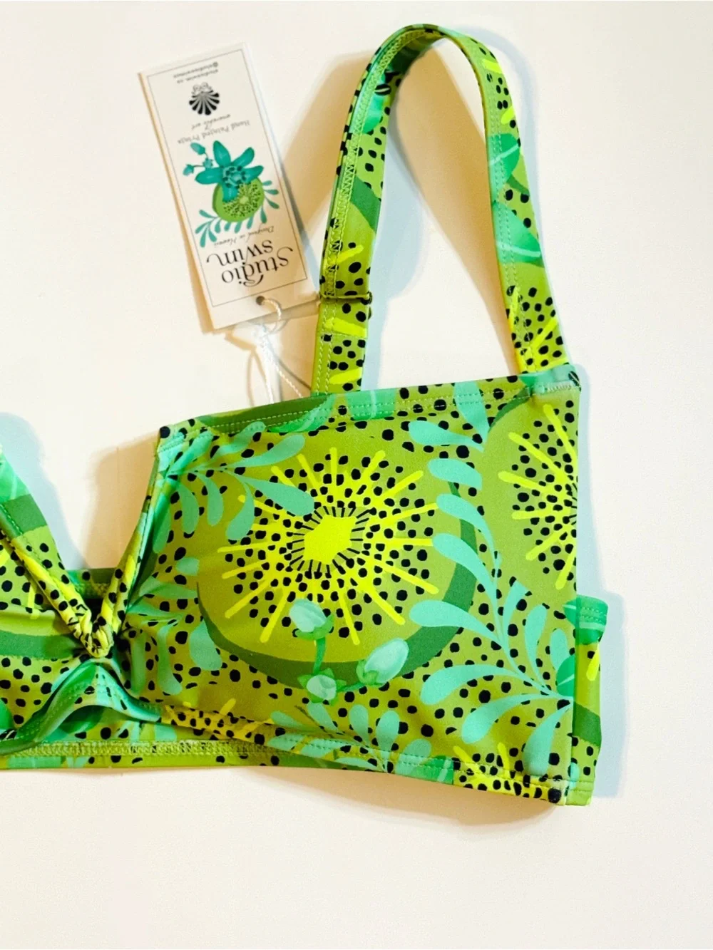 Studio Swim Kiwi Elba Bikini Top Green Tropical V Cut Notch Large NWT